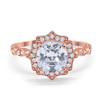 14K Rose Gold Art Deco Wedding Ring Cushion Cut Simulated Cubic Zirconia